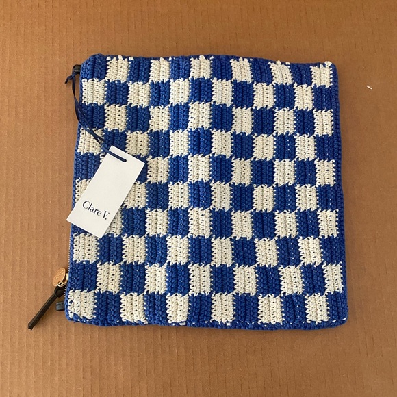 Clare V. Foldover Clutch "Cobalt/Cream Crochet Checker" - Picture 2 of 7